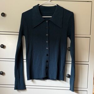 Navy Blue Ribbed Button-Up Women's Top